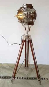 Hollywood Nautical Vintage Wooden Heavy Tripod Spotlight Big Light Floor Lamp - Picture 1 of 4