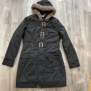 Roxy Peacoat Girls Youth XL Extra Large Black Long Jacket Faux Fur Hood - Imagen 1 de 12