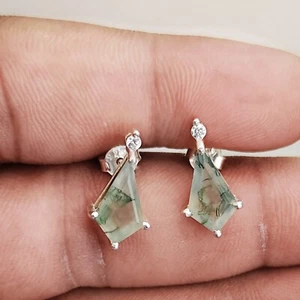 Beautiful Kite Moss Agate Studs 925 Sterling Silver Minimalist Stud Wedding Gift - Picture 1 of 2