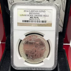 2014 NGC GB Britannia 2 Pounds MS69 PL 1oz Silver Lunar Horse Obv Mule MS-70 PL - Picture 1 of 7