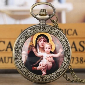 Mens Vintage Full Hunter Virgin Mary Quartz Jesus Necklace Chain Pocket Watch - Picture 1 of 14