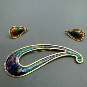 VTG 80s HUGE Colorful Enamel Purple Teal Blue Gold Paisley Brooch Earrings Set - Bild 1 von 11