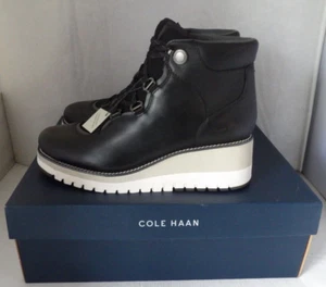 NIB Authentic COLE HAAN ZEROGRAND CITY LACE UP Black Leather Wedge Boots 9 B - Picture 1 of 10