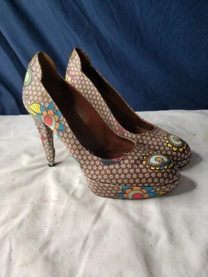 Sergio Rossi Sky High Platform Pumps Sz 38 Euro Choco Brown Flowers - Image 1 of 4