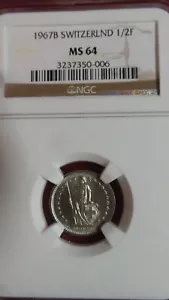 SWITZERLAND , SILVER 1/2 FRANC 1967 B - NGC MS 64 , LOOKS BETTER THEN ALLREST - Picture 1 of 12