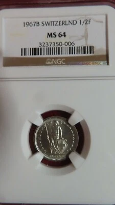 SWITZERLAND , SILVER 1/2 FRANC 1967 B - NGC MS 64 , LOOKS BETTER THEN ALLREST - Image 1 of 4