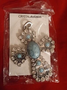 Silvertone Crystal Avenue Turquoise Rhinestone Crystal Christian Cross Pendant - Picture 1 of 9