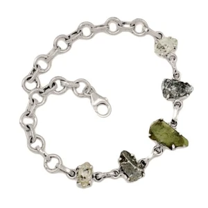 Natural Genuine Czech Moldavite & Herkimer Diamond 925 Silver Bracelet SB17443 - Picture 1 of 1