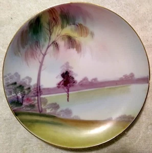 6.5" Antique Landscape Hand Painted Plate Nippon Green Crown - Picture 1 of 3