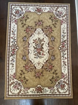 4'x6' French Needlepoint Area Rug Tan, Brown, Light Blue, Pink, & Cream Floral - Image 1 of 4
