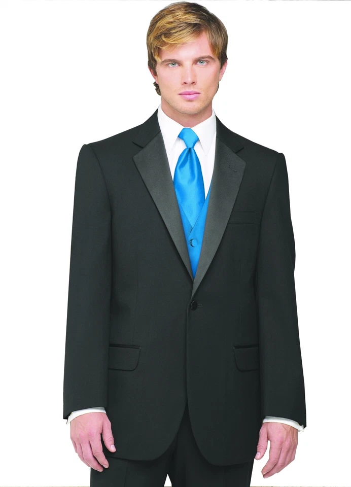 Sizes 38-64 Long. 6-Piece Complete Tuxedo Package with Blue Vest & Tie - Image 1 of 4