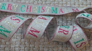 Ribbon wire edge Ribbon Burlap w/ multi-color Merry Christmas  2.5" Wide 5 Yds - Picture 1 of 7