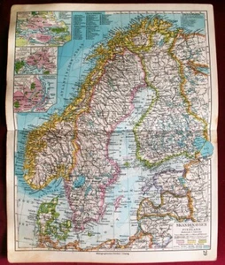 1928 Antique SWEDEN NORWAY SCANDINAVIA FINLAN Geography Map Art Print Lithograph - Picture 1 of 1