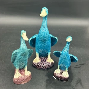 Antq  Chinese Export Turquoise Duck Mudman Figurines -Set Of 3 - Picture 1 of 14