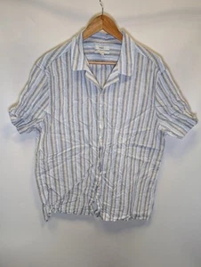 M&S Linen Blend Shirt White Blue Stripe Short Sleeve Size XL - Picture 1 of 6