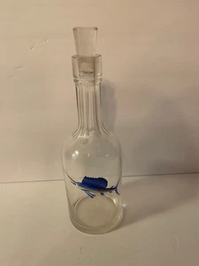 VINTAGE Bohemian Glass Bottle Clear Stopper HAND PAINTED MARLIN SAILFISH    MINT - Picture 1 of 4