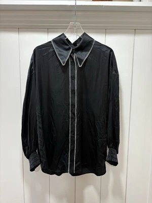 AllSaints Womens Shirt Black Size 6 Charli Silk Blend Contrast Stitch Button Up - Image 1 of 4