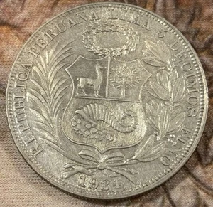 1934 PERU UN SOL COIN. 500 SILVER, 25 GRAMS. 37 mm DIAMETER. HIGH GRADE. - Picture 1 of 9