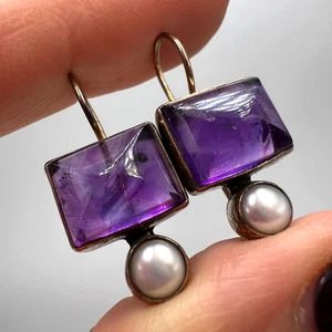 Vintage Earrings Drop Sterling Silver 925 Gold Plated Amethyst Pearl Ukraine Nic - Picture 1 of 10