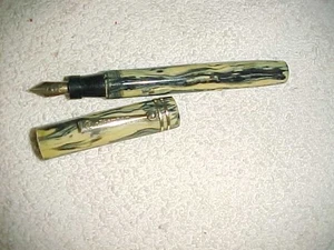 PLUMA ESTILOGRÁFICA MORTON DE GRAN TAMAÑO DE COLECCIÓN - NEGRO GRIS y CREMA JASPEADA - 14K NUEVA EN CAJA - Imagen 1 de 7