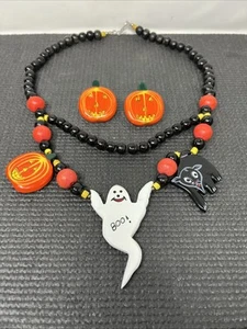 Vintage Halloween Wood Necklace Earring Set Pumpkins Ghost Cat Black Orange 23” - Picture 1 of 11