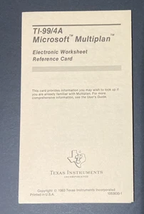 TI-99/4A Microsoft Multiplan Reference Card Texas Instruments 1983 - Picture 1 of 4