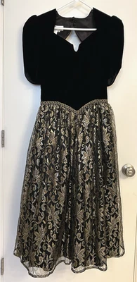 Scott McClintock 复古 Y2K 黑色天鹅绒和金属金色网眼蕾丝晚礼服 8 — 第 1/4 张图片