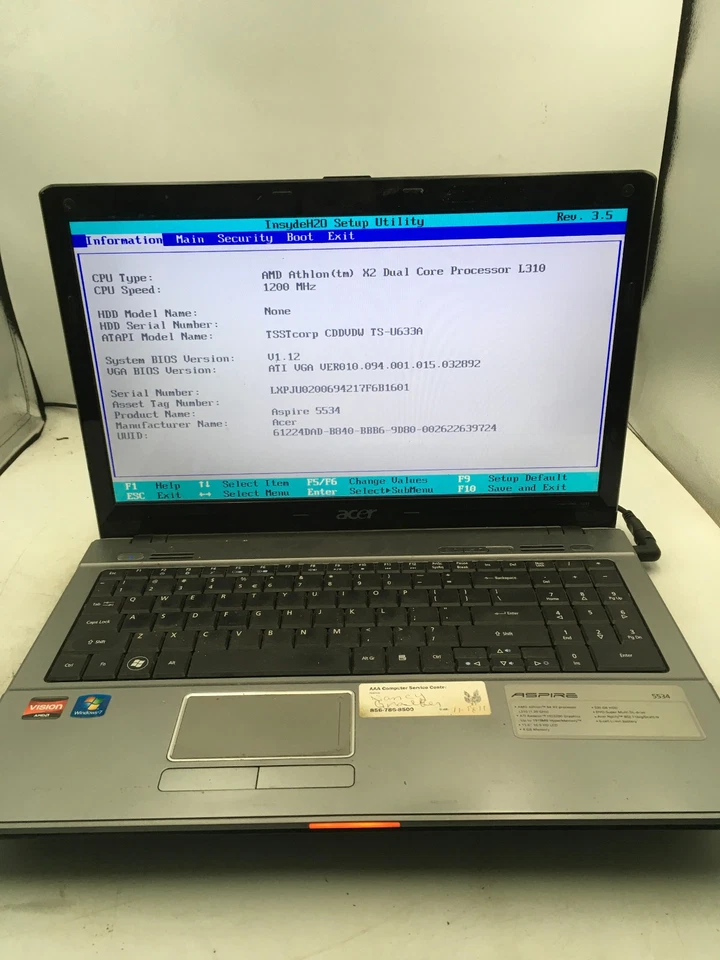 ACER ASPIRE 5534 1121 - BOOTS TO BIOS - AMD ATHLON X2 - 4GB RAM - 15" - READ-BB - Image 1 of 4