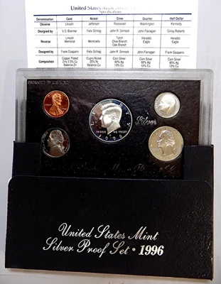 1996-S US Mint 90% Silver Proof Set OGP COA & Box 5 Coin Set - Image 1 of 3