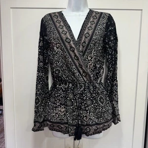 Black Paisley Romper Women’s Large Bell Sleeves Tassels Pockets Keyhole Boho - Picture 1 of 9