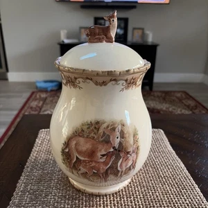 Barattolo per biscotti Cracker Barrel terracotta Woodland Doe & Fawns di Susan Winget DEER - Foto 1 di 12