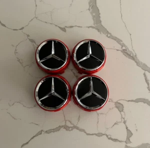 SET OF 4 MERCEDES BENZ RED CENTER CAP 75MM W/ CHROME STAR OEM 0004000900 - Picture 1 of 3