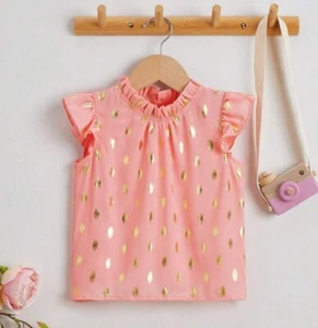 Girls Size 5/6 Coral Top with Peach Colored With Gold Polka dots Ruffle Collar - Picture 1 of 2