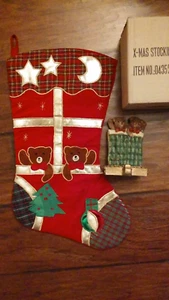 Vintage Large Christmas Velvet Stocking & Matching Ceramic Holder Bear Theme Set - Picture 1 of 6