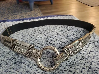 Chico's Women's Belt Stretch Black Leather Silver Metal BOHO Design  31" - Image 1 of 4