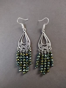 Earrings Handmade Chandelier Silver Iridescent Green Crystal Drop Dangle - Picture 1 of 1