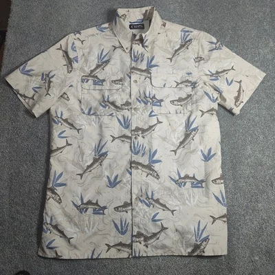 Camisa Chaps Para Hombre M Beige Estampado de Peces Manga Corta Botón Informal Pesca Exterior Foto 1 de 4