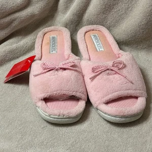 Aerosoles rosa flauschige Schleife offene Zehenpartie Hausschuhe Damengröße Large (9-10) neu - Bild 1 von 4
