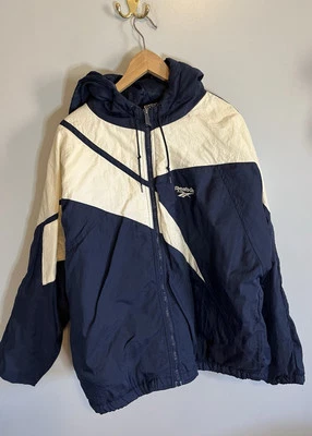 Vintage 90s Reebok Windbreaker Jacket Mens L Navy White Color Block Logo Zip - Image 1 of 4