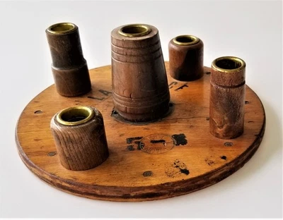 antique WOOD folk art SPOOL treenware crock lid candle holder HANDMADE ooak prim - Image 1 of 4