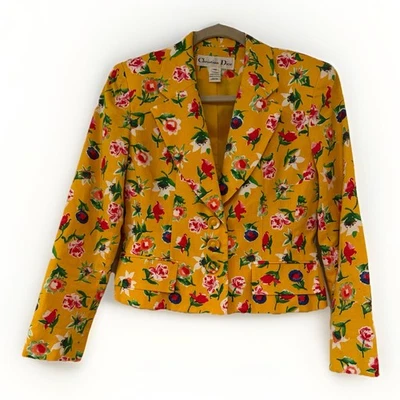 Blazer Christian Dior Floral Amarillo Multicolor Talla 4P Para Mujer Hecho en EE. UU. DE COLECCIÓN Foto 1 de 4