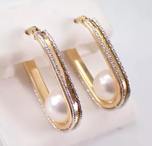 3.00Ct Round Cut Natural Pearl Large Bridal Hoop Earrings 14K Yellow Gold Plated - Picture 1 of 7