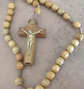 New Carved Light Brown Wood Bead Crucifix Cord Rosary Brazil - Picture 1 of 7