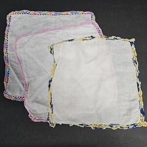 Vintage Handkerchief White With Crochet Lace Trim Edge Border 11" Set of 3 (D)