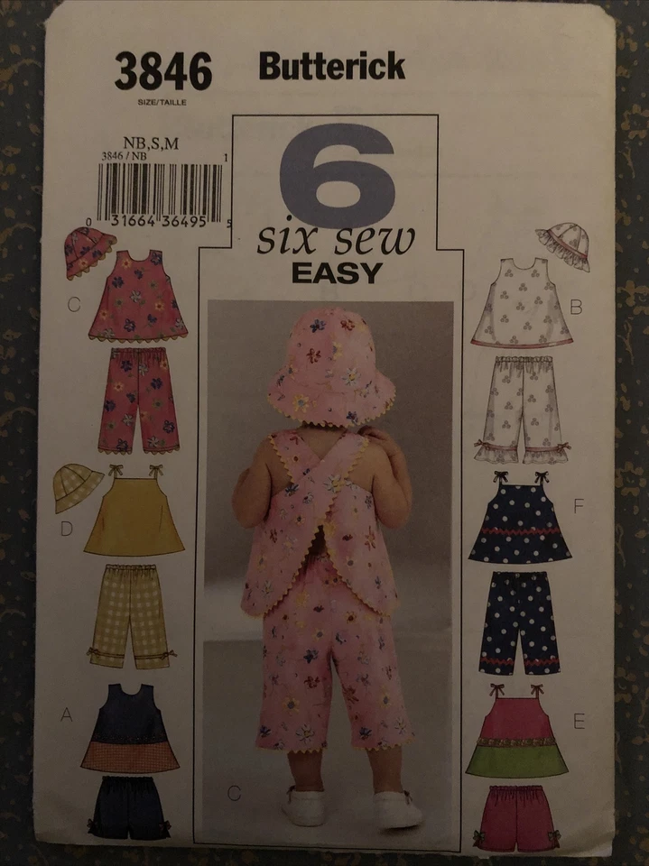 Butterick 3846 6 Six Easy Sew Baby Girl Top Shorts Pants Hat NB-M New Uncut - Image 1 of 1