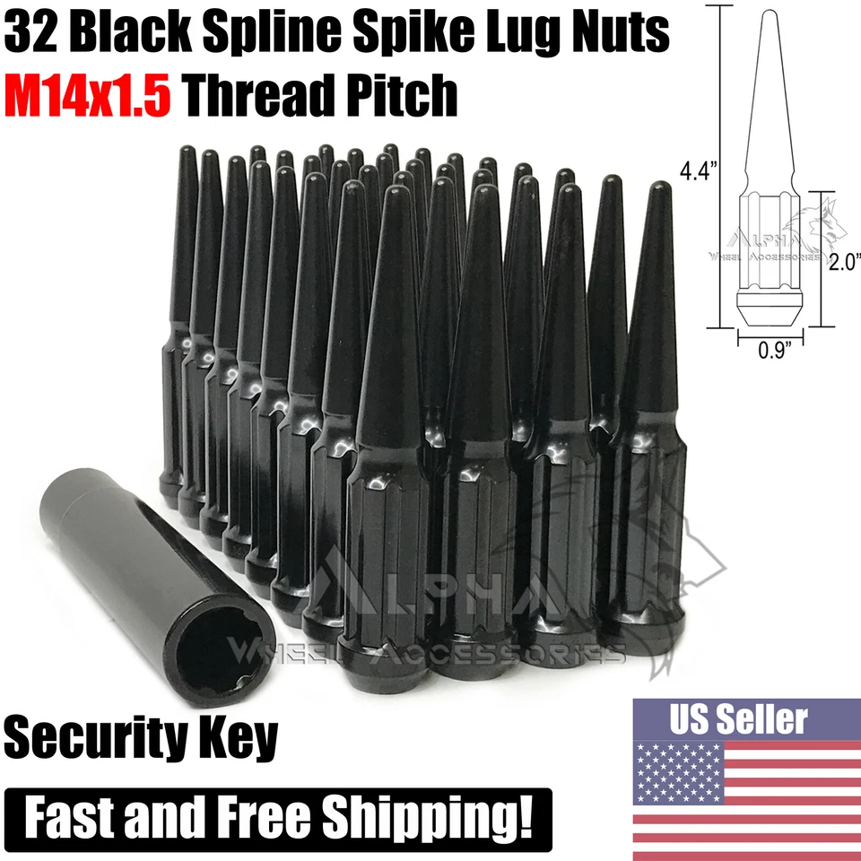 Tuercas de clavo estriadas negras 32 piezas 14x1,5 para Ford Super Duty F-250 F-350 + llave Foto 1 de 4