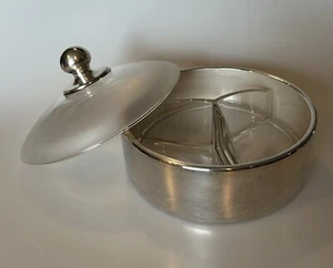 Vtg Dorothy Thorpe Silver Band Divided Covered Dish Etched mark MCM - Picture 1 of 4