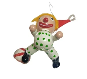 Clown Christmas Tree Ornament Miniature Wood Polka Dot Suit On Ballon Vintage - Picture 1 of 7