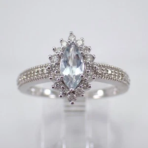 White Gold Diamond and Aquamarine Halo Engagement Ring Aqua March Gemstone - Picture 1 of 7