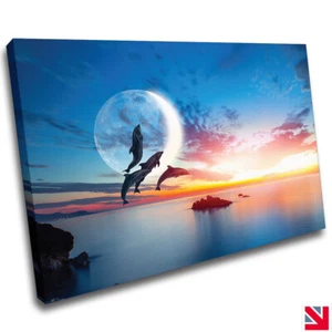 DOLPHINS SEASCAPE ANIMALS FISH MOONSHINE CANVAS Wall Art Picture Print - Picture 1 of 3
